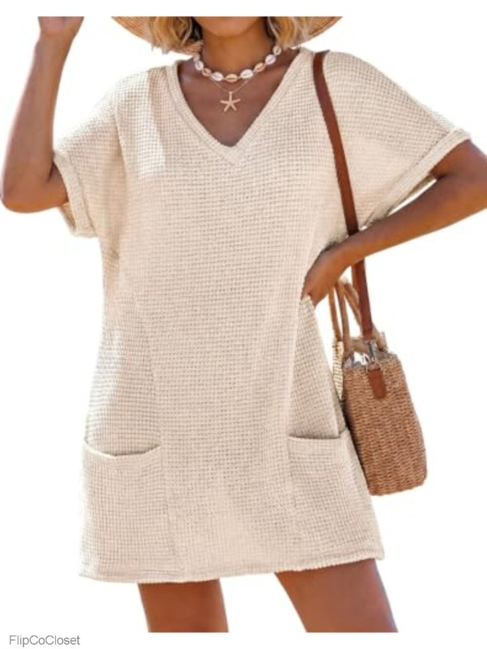 IWOLLENCE Crochet V Neck Short Sleeve Swim Cover Up Dress with Pockets